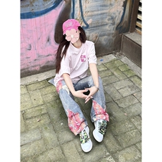 【网图】晚霞蕾丝拼接牛仔裤潮牌美式高街微喇裤子N0077CC-特P55，男装牛仔裤，星座1007（原301D）
