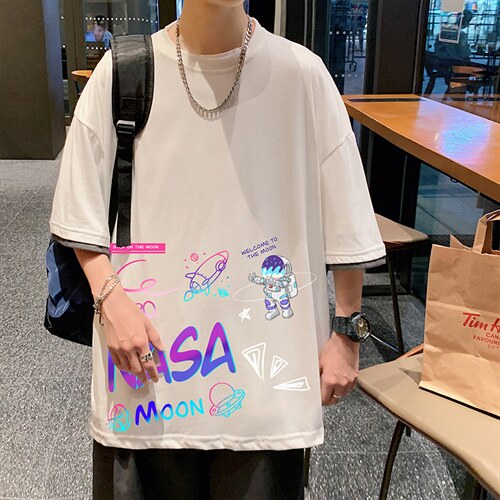 反光太空人短袖T恤男潮牌ins夏季假两件衣服潮流宽松半袖美式复古,男装T恤,电商A040