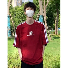 抖音得物高品质二开240克宽松纯棉美式潮牌三条杠织带短袖T恤，男装T恤，电商A486
