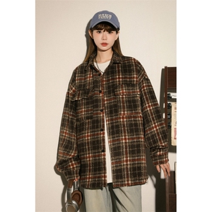 美式磨毛小香风加厚秋冬毛呢格子纹衬衫男女夹克棒球服CS3003-P60图片
