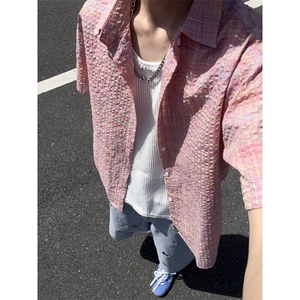B221 美式ins高街宽松薄款泡泡格短袖衬衫SY2548-特P35控59图片