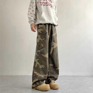 美式迷彩工装裤高街牛仔裤宽松直筒vibe微喇叭裤504-K855-P65控89图片