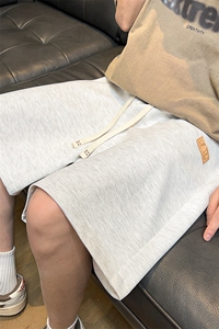 杏色男士短裤夏季薄款贴标阔腿五分裤子潮牌宽松直筒运动休闲中裤图片