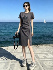 韩版时尚减龄连衣裙女夏款褶皱修身天鹅亮片开叉中长款灰色A字裙，女装连衣裙，江南