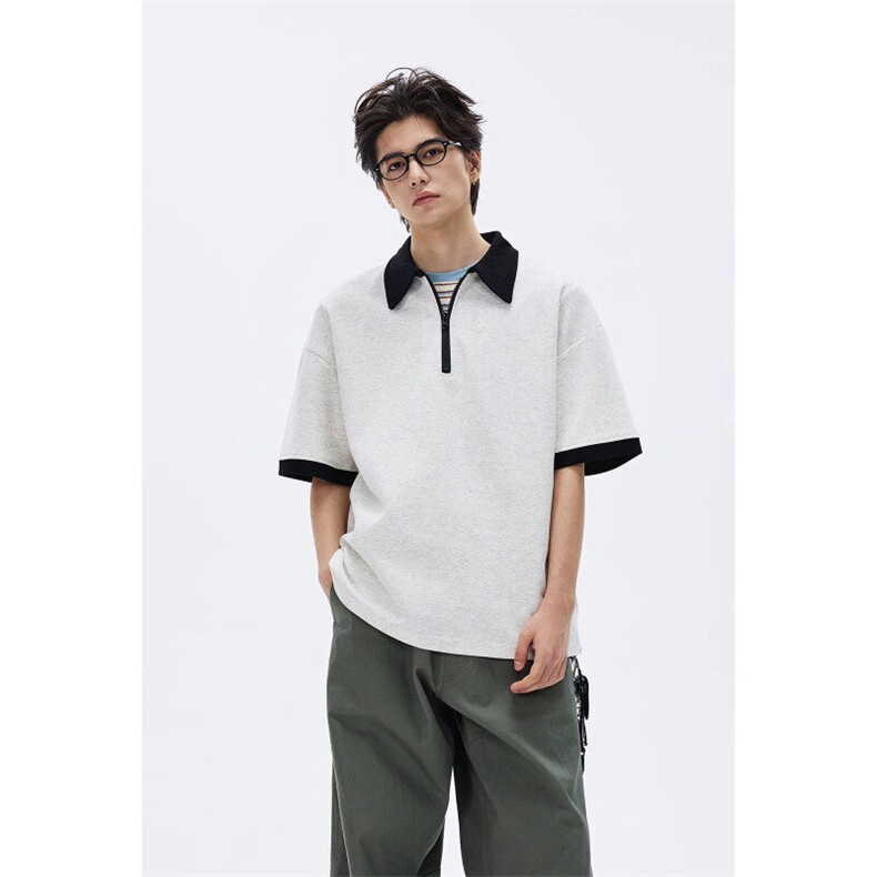 M582-P38半拉链POLO领短袖t恤男夏季撞色拼接宽松休闲T恤图片