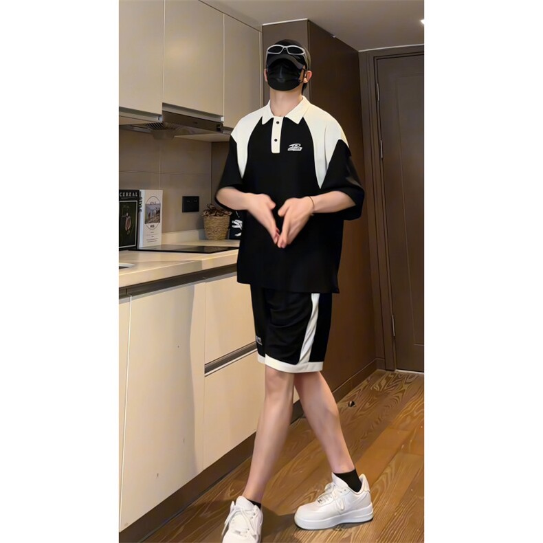 XTZ2410-特批55控98冰丝个性夏款撞色菠萝格套装POLO衫短袖短裤,男装Polo衫,电商B370