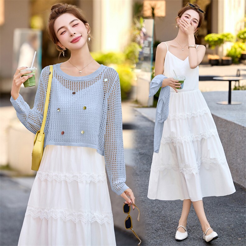 2026夏新品洋气减龄圆领亮片针织长袖上衣+蕾丝吊带连衣裙套装女，女装套装/套裙，意芙