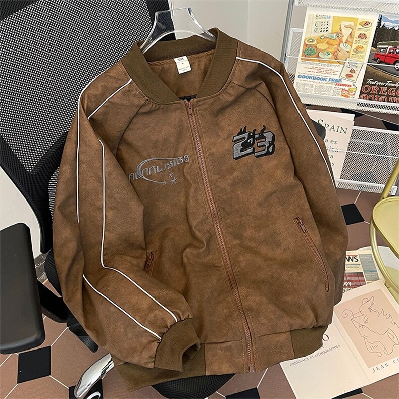 复古秋冬棕色宽松大码重磅刺绣pu皮外套男女夹JK922,男装夹克,星座1116A-1（原606A）