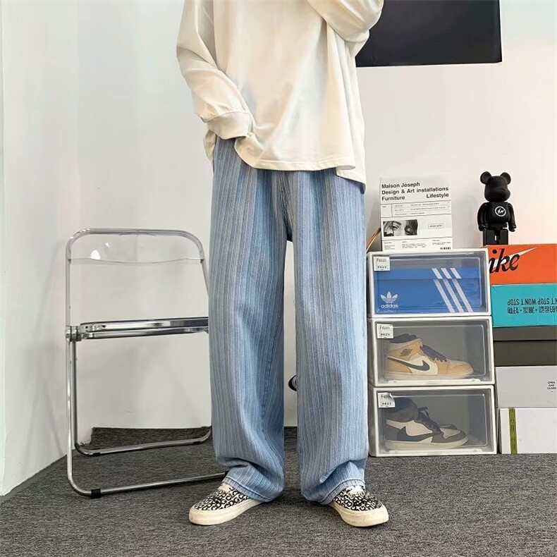 浅蓝色条纹牛仔裤男ins潮牌宽松垂感美式嘻哈拖地裤裤子N6060-p50,男装牛仔裤,星座1008
