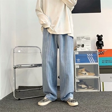 浅蓝色条纹牛仔裤男ins潮牌宽松垂感美式嘻哈拖地裤裤子N6060-p50，男装牛仔裤，星座1008