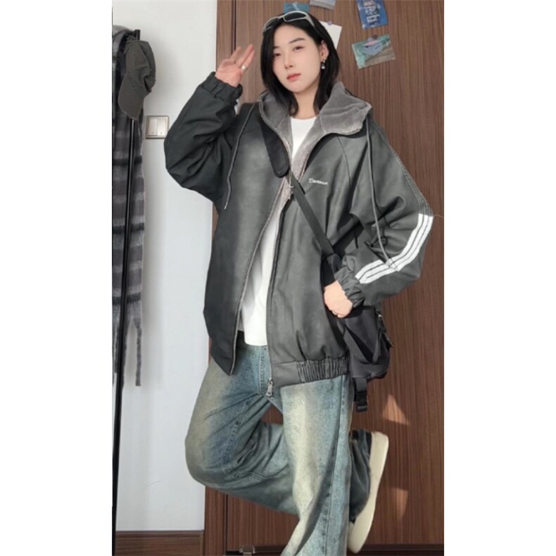 数据美式连帽百搭美拉德三条杠皮衣羊羔绒内胆MF1012 P100图片