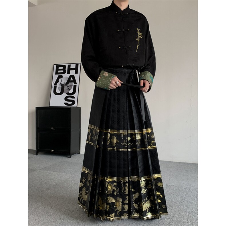 新中式织金马面裙男女2024新款黑色新中式轻风通勤明制,男装民族服装,星座909