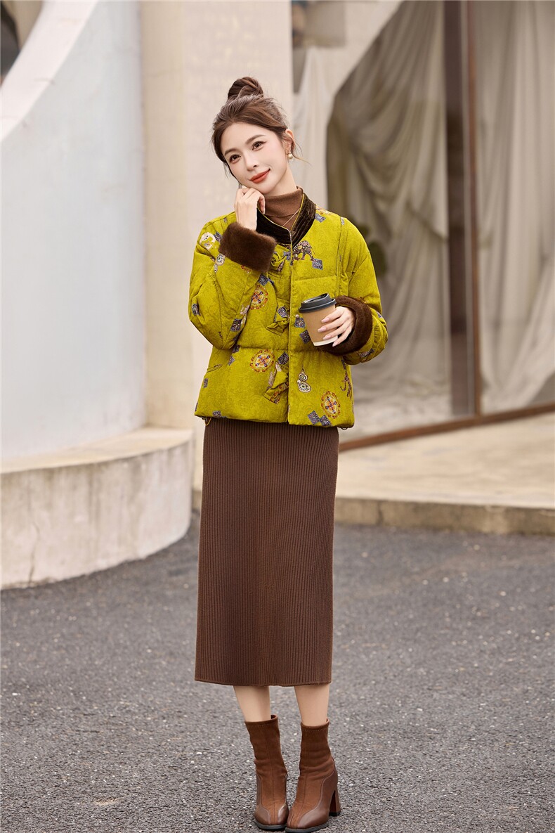 现货！水貂毛冬季新款女装2025年时尚气质优雅印花新中式90%外套,女装羽绒服,涵墨