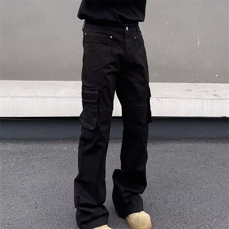美式cleanfit口袋褶皱微喇休闲裤男高街嘻哈高级感宽松直筒长裤子图片