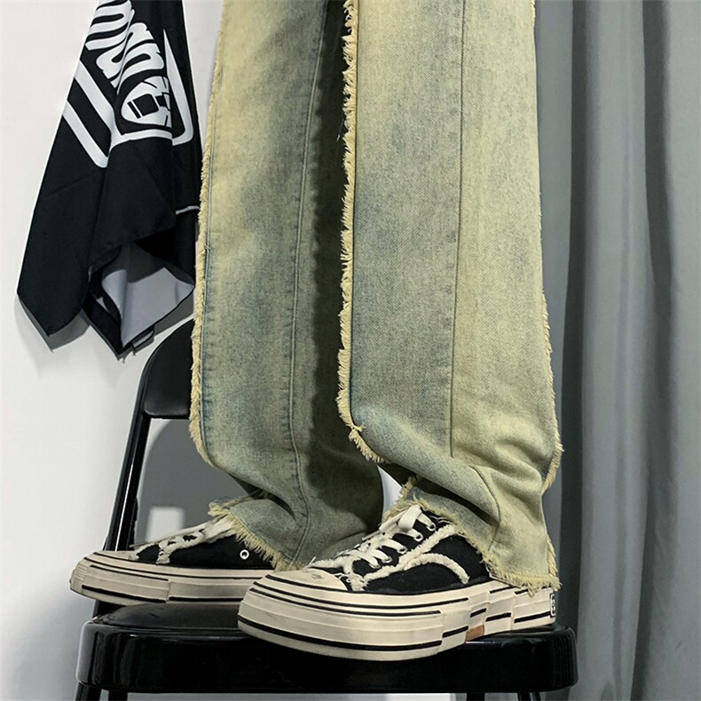 B221美式ins高街小众情侣款毛边直筒牛仔裤LK23013-P60控78,男装牛仔裤,电商B221