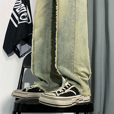 B221美式ins高街小众情侣款毛边直筒牛仔裤LK23013-P60控78，男装牛仔裤，电商B221