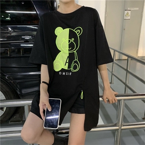 韩版新款宽松中长款设计感开叉抽绳小熊印花短袖T恤图片