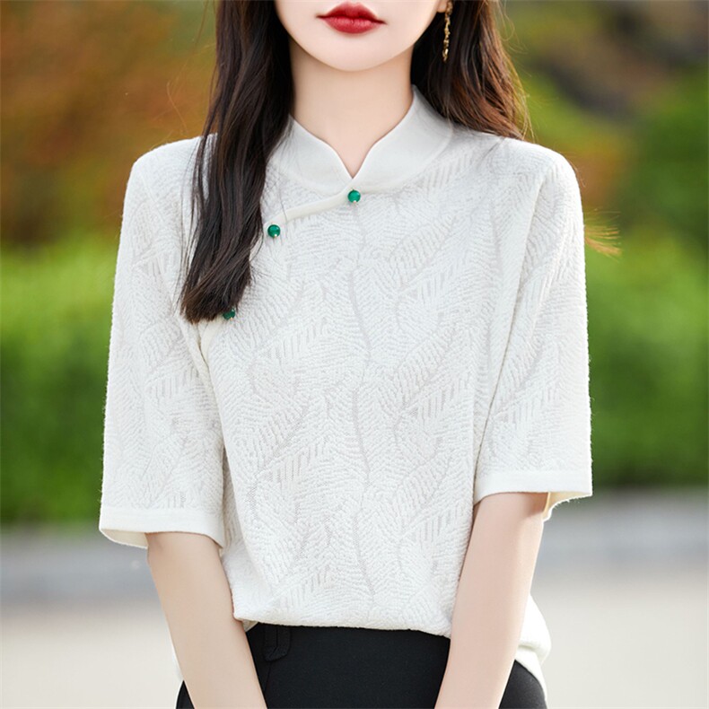 夏季旗袍领精纺羊毛五分袖T恤女复古宽松半袖上衣提花针织打底衫,女装T恤,暖烁特种纱工厂店