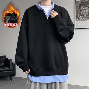 重磅420g华棉条纹V领假两件银狐绒大码卫衣W5431J加绒-特P50控98图片