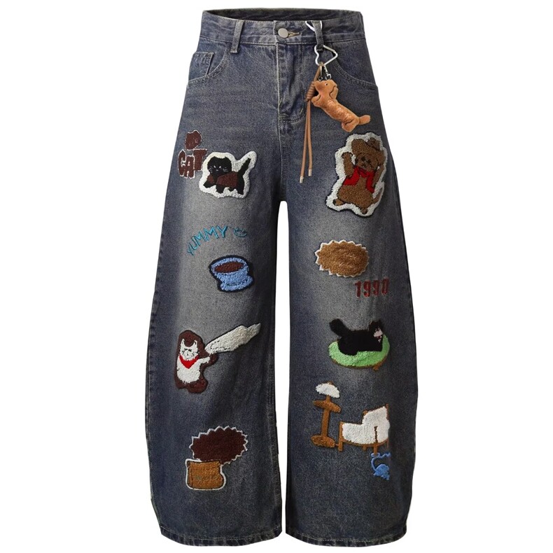 美式卡通刺绣个性潮流休闲拖地阔脚裤水洗牛仔裤男女款AM1531P59，男装牛仔裤，星座1013-5