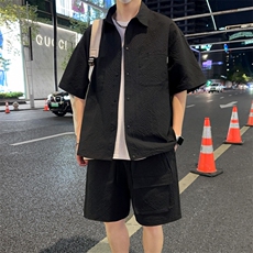 夏季薄款冰丝短袖衬衫情侣短袖短裤两件套装A455P65，男装衬衫，电商A309
