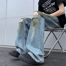 夏款男牛仔裤破洞渐变色微喇叭扎染脏脏裤长裤NK5505P55，男装牛仔裤，星座1013-1