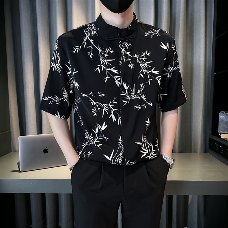 抖音夏季新中式风立领竹叶短袖衬衫男冰丝衬衣A236-0830-P50,男装衬衫,电商A236