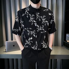 抖音夏季新中式风立领竹叶短袖衬衫男冰丝衬衣A236-0830-P50，男装衬衫，电商A236