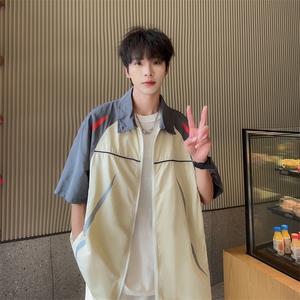 2025夏装短袖衬衫男宽松拼接撞色运动街头防晒上衣 C502P50,男装防晒衣,电商C323