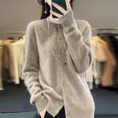 25新款100%纯羊毛开衫女POLO领针织羊绒衫外套宽松纯色长袖打底衫，女装羊毛衫，鲁菏羊绒