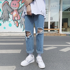 现货夏款破洞牛仔裤男老爹裤ins直筒9九分裤乞丐裤潮s08，男装牛仔裤，星座1008