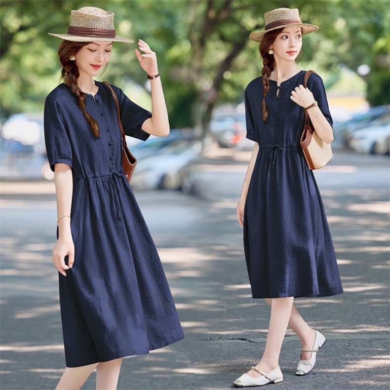 文艺风简约休闲纯色棉麻连衣裙女2025夏新款气质抽绳收腰显瘦裙子，女装连衣裙，依万里