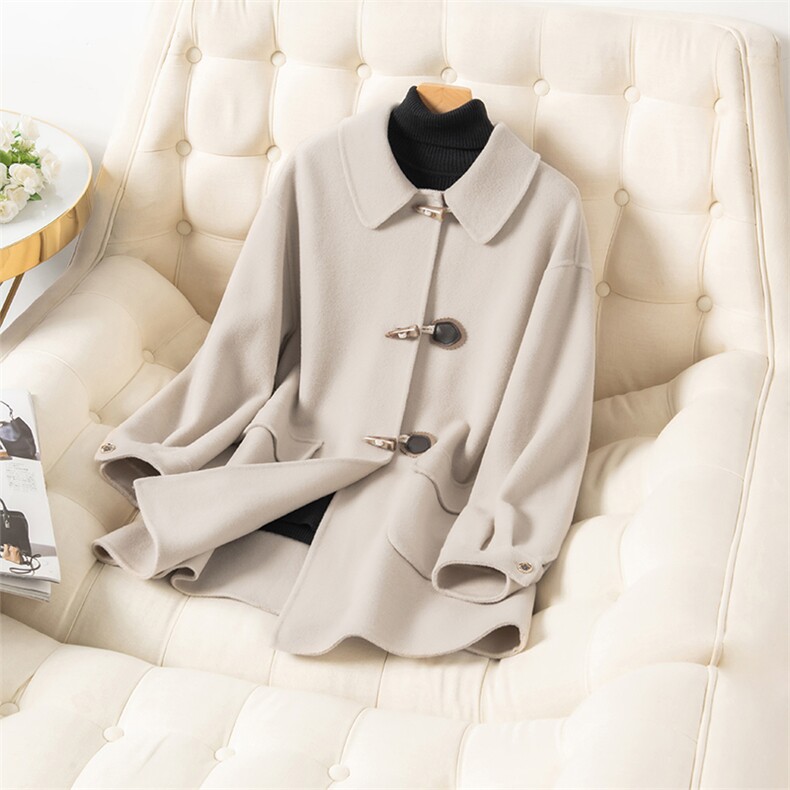 秋冬新款绵羊毛双面呢大衣牛角扣中长款女士宽松外套，女装双面呢大衣，温鑫双面呢