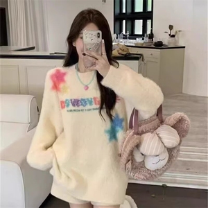 慵懒彩虹字母软糯水貂绒毛衣女秋冬多巴胺加厚套头针织衫外穿上衣图片