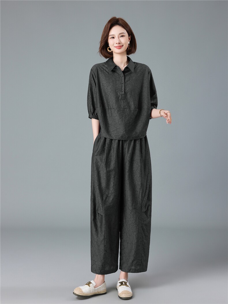 现货2026夏季新款宽松大码洋气减龄莱赛尔提花衬衫套装两件套,女装套装/套裙,深水步
