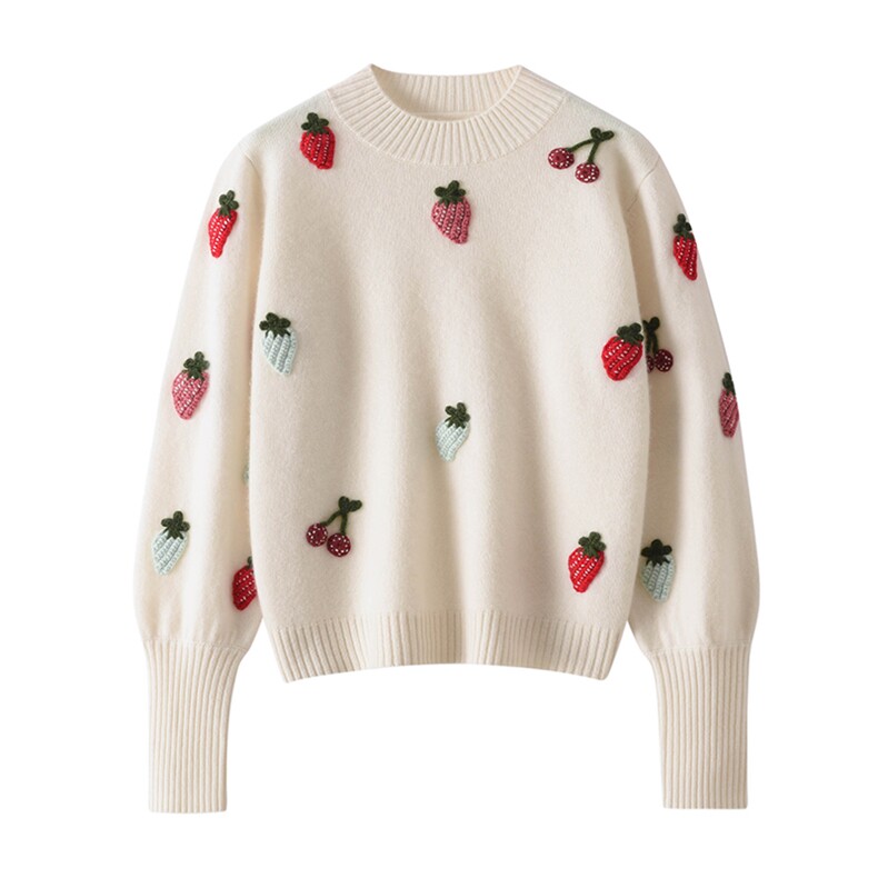 2024秋季新款樱桃绣花圆领长袖35%羊绒衫，女装羊绒衫，兴泰羊绒