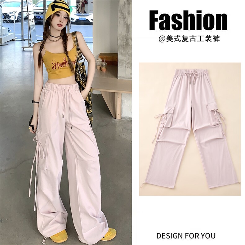 蓝色潮酷工装裤女2025春夏薄美式高腰显瘦速干运动束脚阔腿直筒裤，女装休闲裤，梦白服饰厂