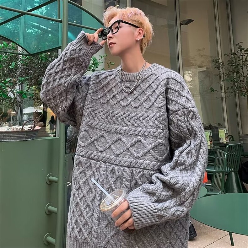 慵懒风毛衣男秋冬新款粗线麻花加厚圆领菱格套头宽松WY236-P55,男装针织衫/毛衣,星座1109-3