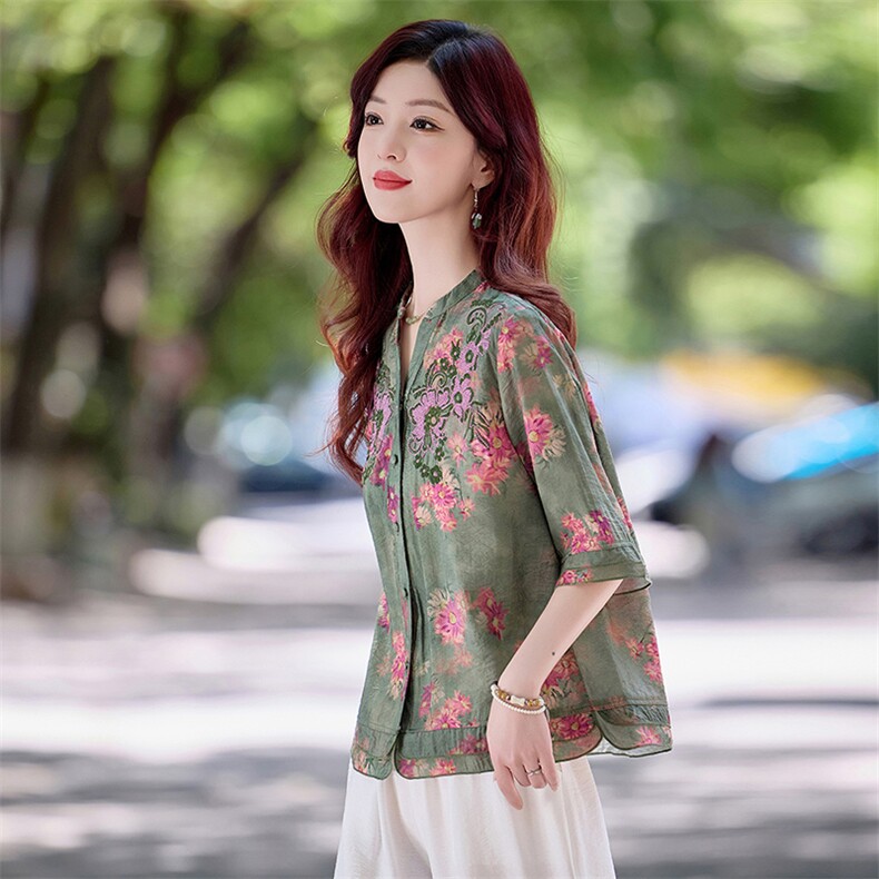 现货！夏季新款2025套装女简约时尚优雅气质天丝麻料印花刺绣上衣,女装衬衫,涵墨