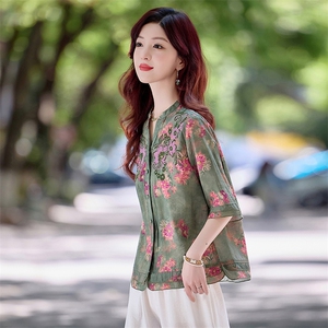 现货！夏季新款2025套装女简约时尚优雅气质天丝麻料印花刺绣上衣