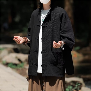 新中式男装中山装男女同款麻棉风复古中袖衬衣唐装 C4538图片