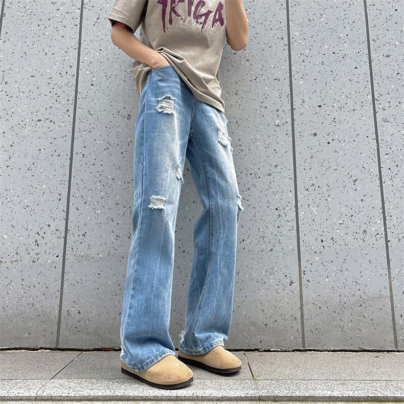 夏季薄款复古闪电破洞牛仔裤新款潮流宽松水洗直筒裤,男装牛仔裤,星座410-6（原星座1304-1）
