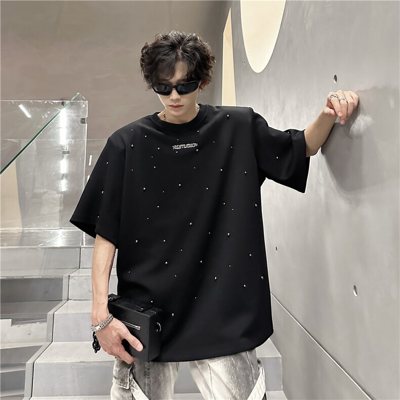 现货T恤垫肩美式复古高街手工珍珠设计潮男短袖A071-T62-P48,男装T恤,电商A071