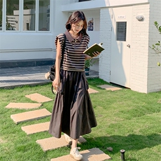 韩版时尚无袖条纹T恤套装女2025夏季新款显瘦工装半身长裙两件套，女装套装/套裙，2C098