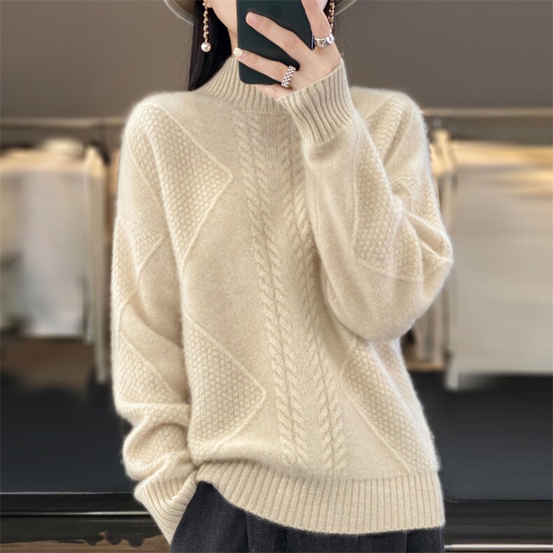 重磅加厚100纯羊毛半高领毛衣女2025新款保暖绞花内搭针织打底衫,针织衫/毛衣,大美人包芯纱店