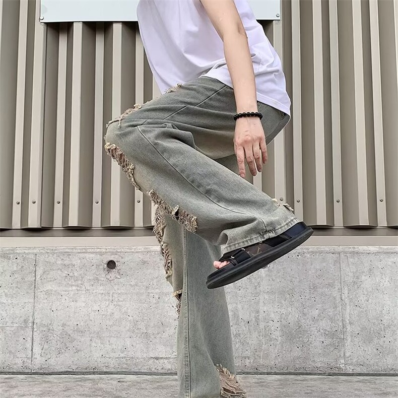高街做旧废土色破洞牛仔裤男女复古小众直筒乞丐长裤RK3111-P42,男装牛仔裤,星座412-1