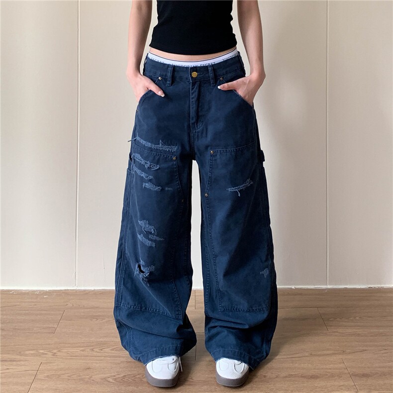 Apocket美式复古工装裤直筒宽松水洗做旧破洞贴布百搭休闲裤子女，男装工装外套，星座506A