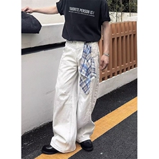 美式复古设计感格纹方巾弯刀牛仔裤新款宽松阔腿裤子LB2266-P50，男装牛仔裤，星座1008