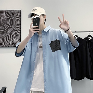 货足7XL-M 2023夏季新款美式假两件短袖衬衫ins潮半袖加肥加大码图片