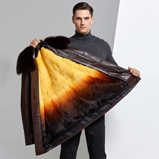 男狐狸尼克服休闲翻领皮草大衣可脱卸毛领中长款皮衣YN6382-P540，男装皮衣，电商B212（原钱塘6029）